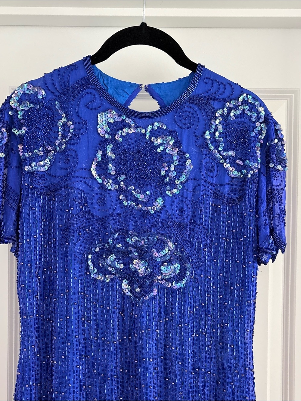 Vintage 80s Scala Paris Blue Beaded Sequin Silk Dress Medium Cocktail Party 90s - Picture 2 of 11